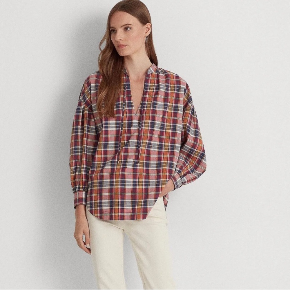 Lauren Ralph Lauren Tie Neck Plaid Blouse - Picture 16 of 16